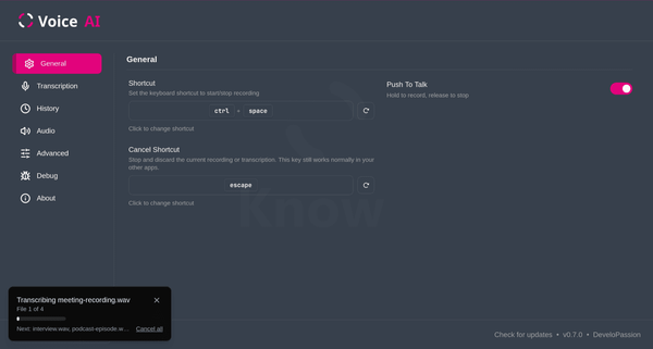 Knowii Voice AI 0.8.0 - Drop a File, Get the Text