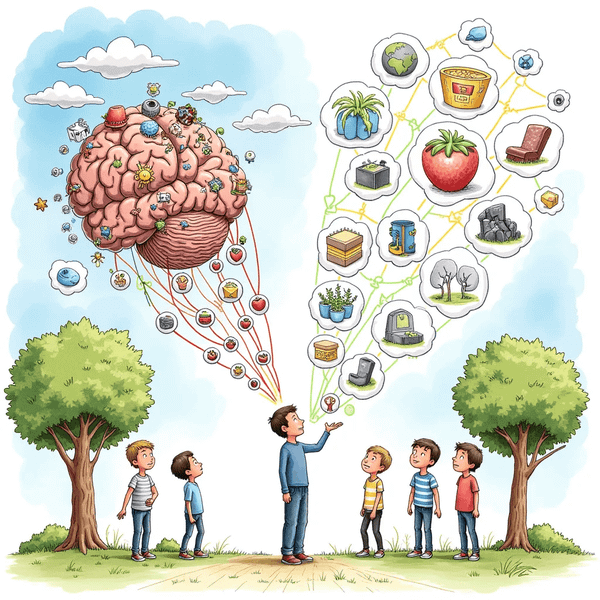 Illustration of a brain as a hot-air balloon launching ideas that connect into a shared knowledge cloud