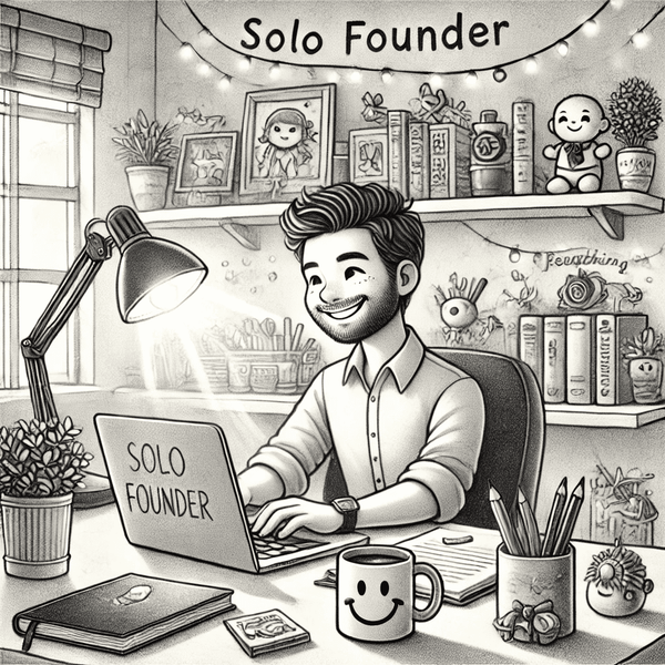 Sketch of a smiling solo founder at a tidy desk working on a laptop