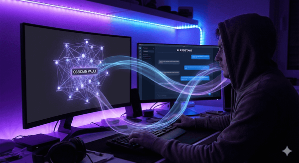 Creator at desk with AI visualizing and reasoning over their Obsidian vault on the monitor