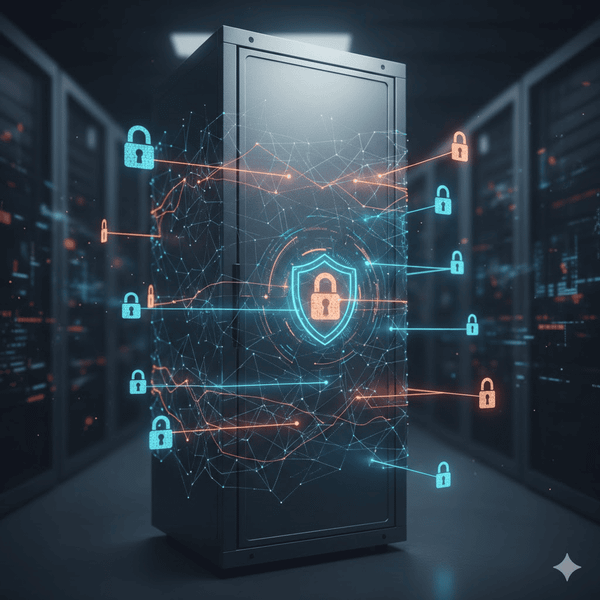 Server rack wrapped in glowing network mesh and padlocks, evoking secure self-hosted infrastructure