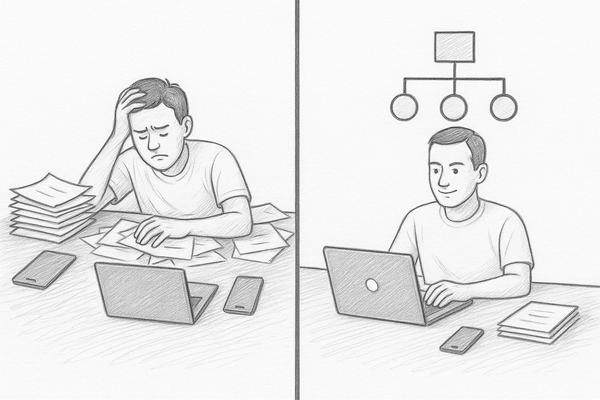 Sketch contrasting an overwhelmed worker buried in papers with one using an organized system