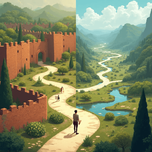 Split illustration contrasting a walled fortress with an open winding path through nature