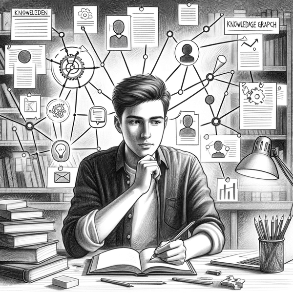 Sketch of a knowledge worker at a desk surrounded by connected ideas on a wall