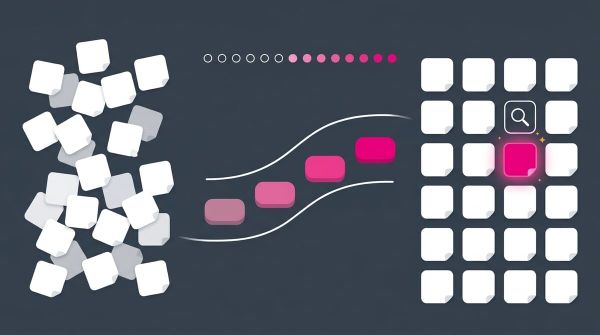A messy pile of white note cards crosses four pink stepping stones into a neat grid, where one glowing pink card sits under a magnifying glass.
