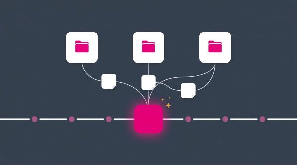 Three white folder tiles connect through linked note cards to a glowing pink daily note on a horizontal timeline, against a dark blue-grey background.