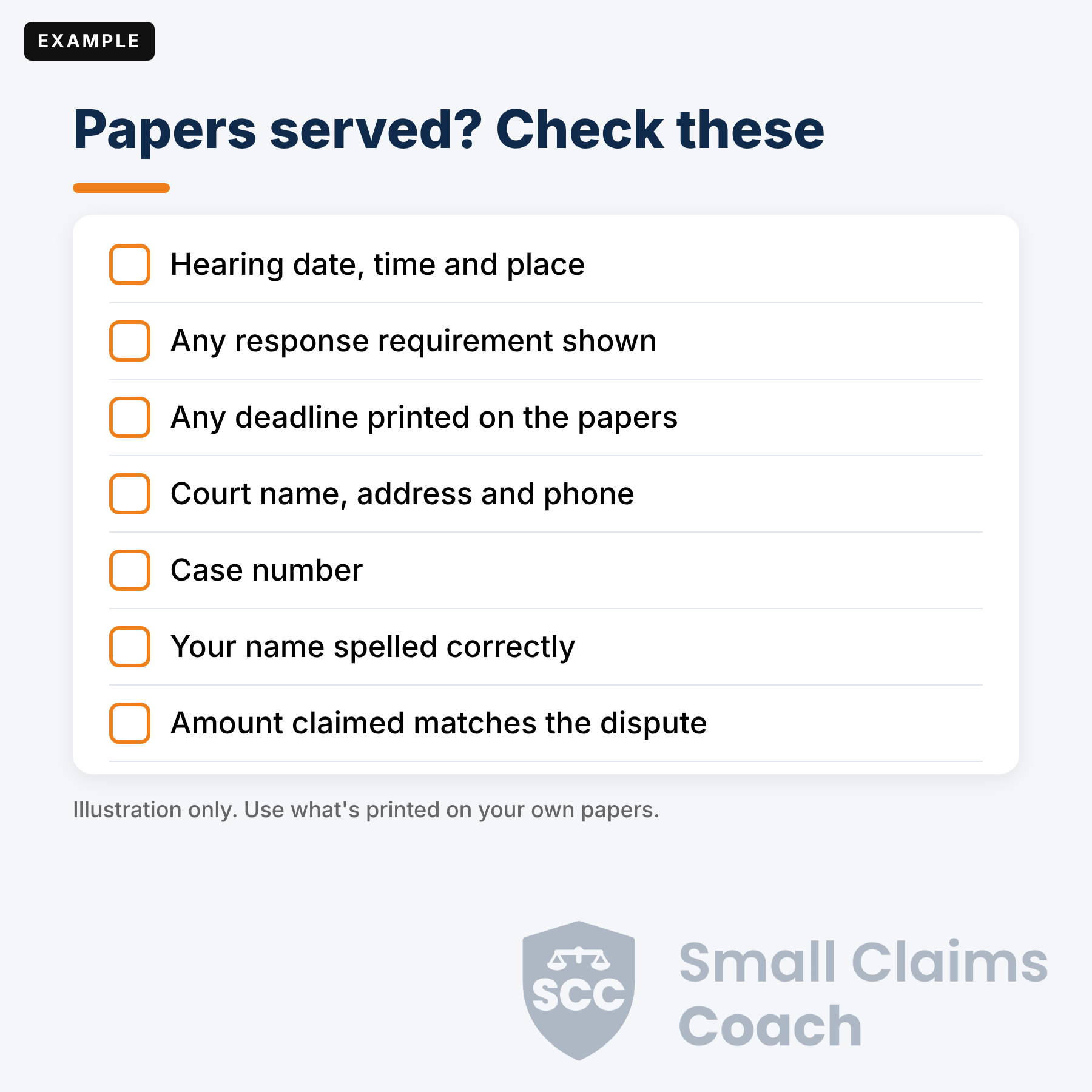 Example checklist of what to look for on small claims papers you were served