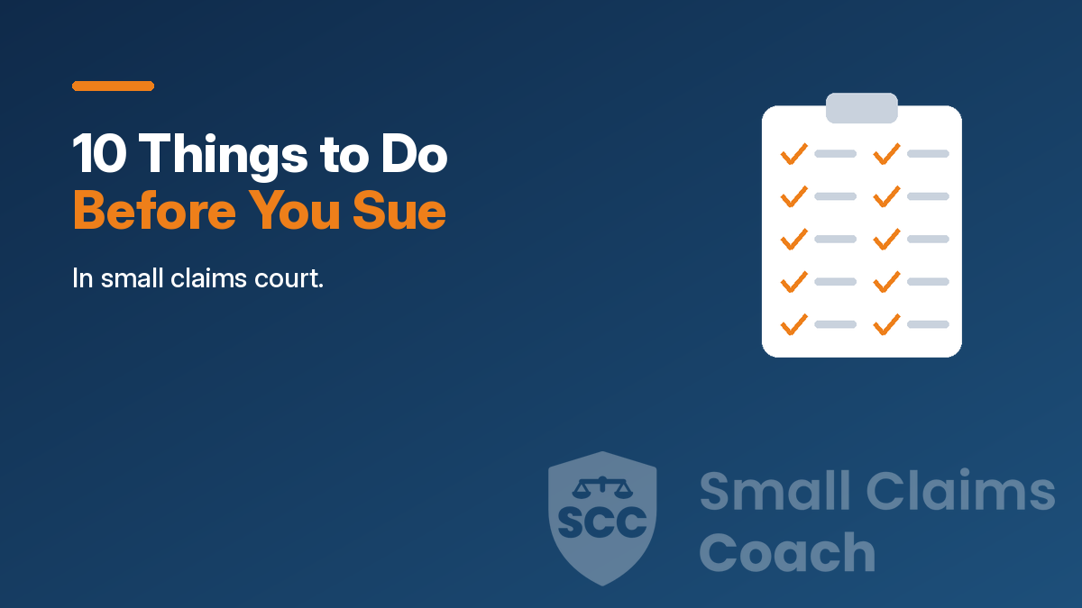 Illustration of a white clipboard with ten orange check marks on a navy gradient, with the words 10 Things to Do Before You Sue.