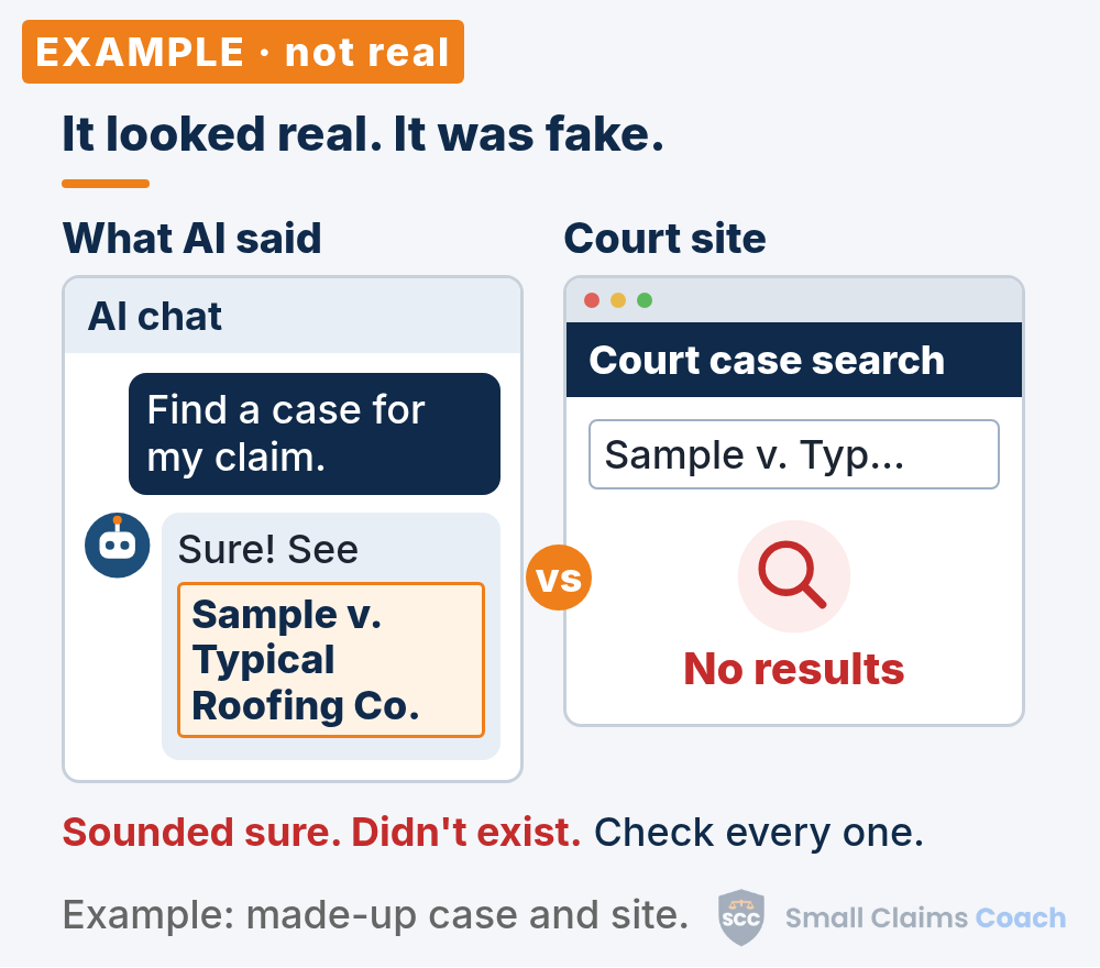 Side-by-side mockup of an AI chat citing the made-up case Sample v. Typical Roofing Co. and a generic court case search page showing no results.