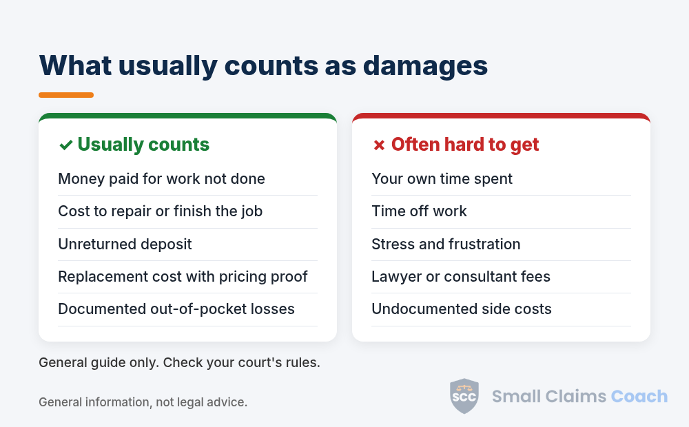 Chart of small claims damages that usually count, like unreturned deposits and repair costs, versus items often hard to recover, like your time and stress