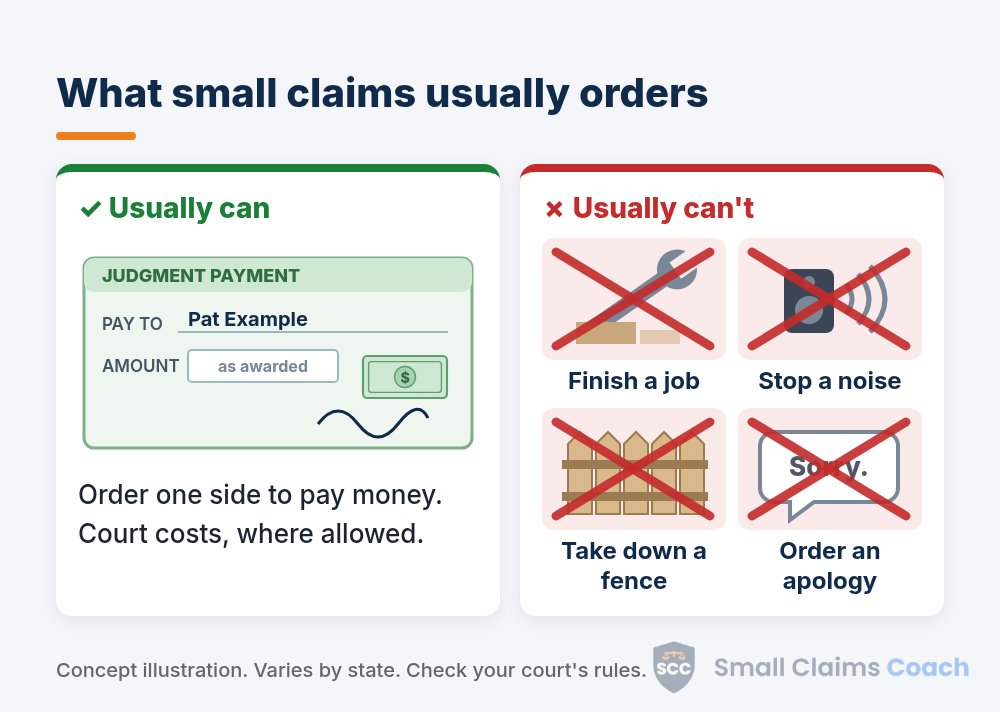 Illustrated judgment payment slip beside four crossed-out tiles showing a wrench, a loudspeaker, a fence and an apology bubble, comparing what small claims usually can and can't order