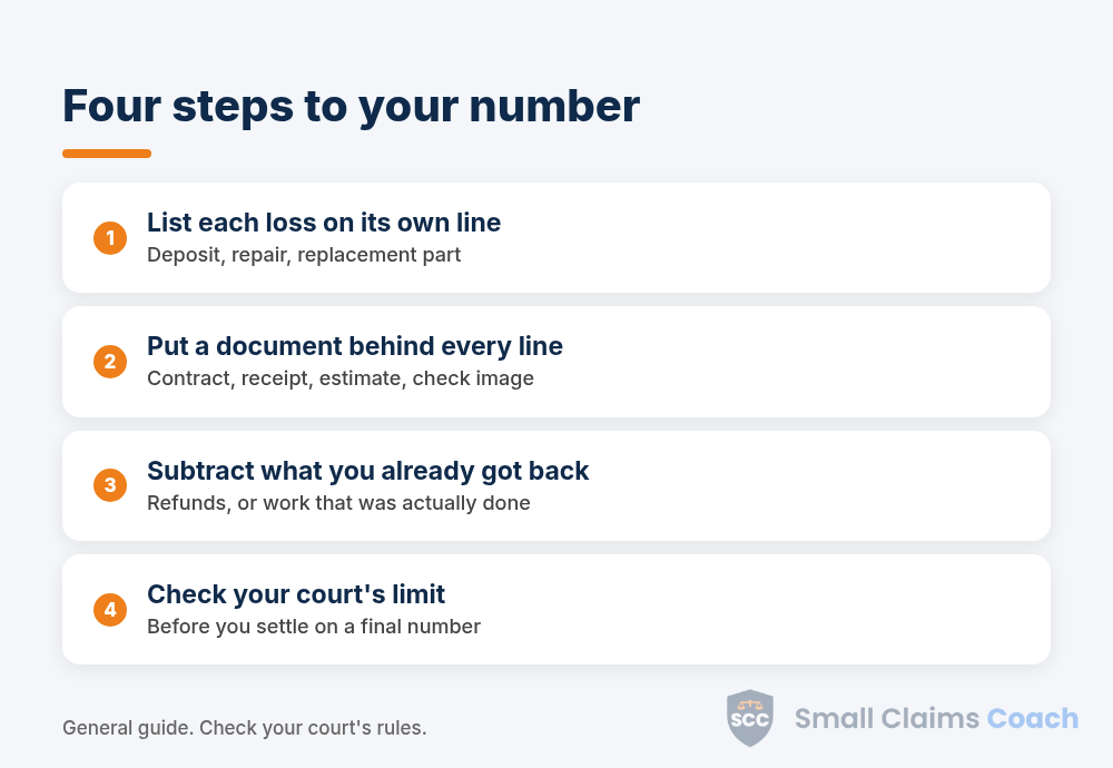 Four steps to calculate small claims damages: list each loss, document each line, subtract what you got back, check the court limit