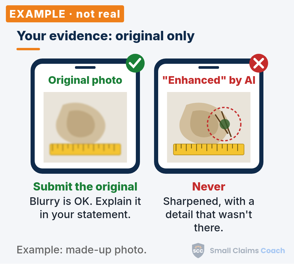 Two phone screens showing the same water stain photo with a tape measure: the blurry original marked with a green check, and an AI-sharpened copy with an added detail marked with a red X.
