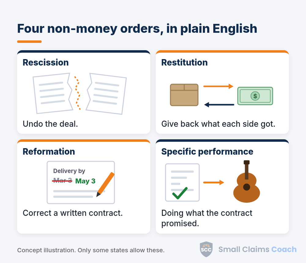 Four illustrated cards: a torn contract for rescission, a box and cash trading places for restitution, a contract date corrected in pen for reformation, and a checked-off contract with an arrow to a guitar for specific performance, doing what the contract promised