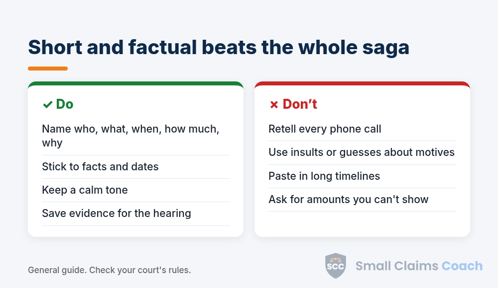 Do and don't tips for writing a short, factual small claims statement