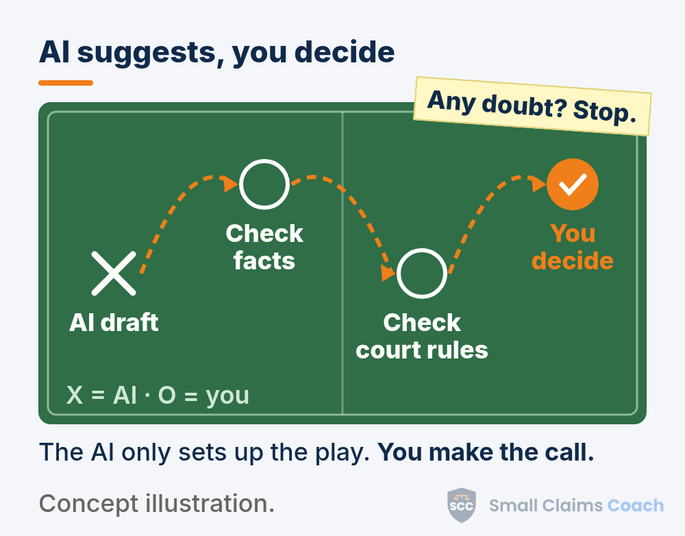 Coach's play diagram on a green board where an X for the AI draft passes along dashed orange arrows to O's for checking facts and checking court rules, ending at an orange You decide check mark.