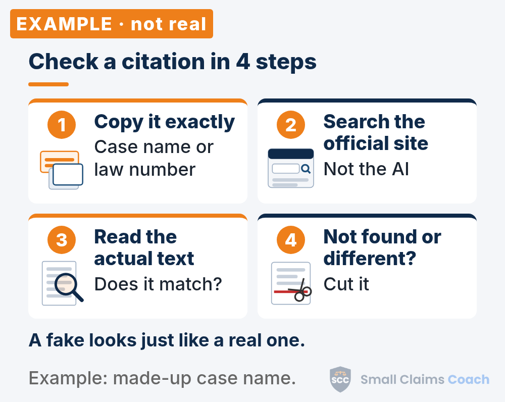 Four numbered cards with small drawings: a copied case name, an official site search box, a magnifying glass over a page, and scissors cutting a red-lined passage.