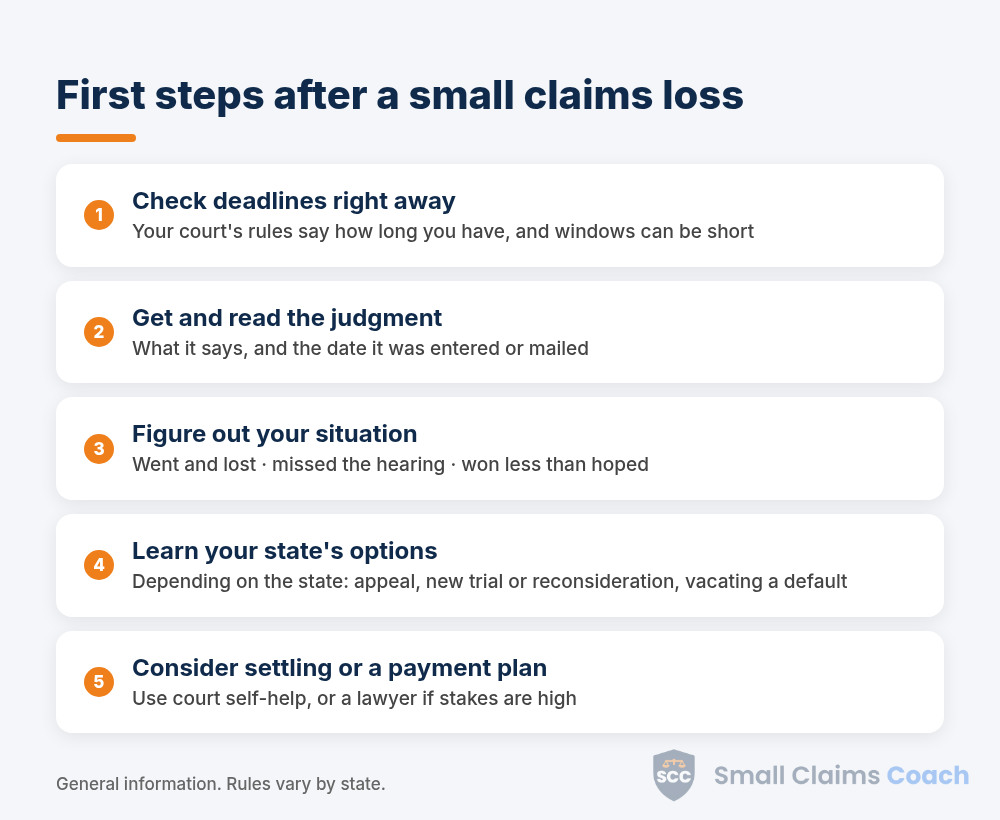 Five first steps after losing in small claims: check deadlines, read the judgment, identify your situation, learn your state's options, consider settlement