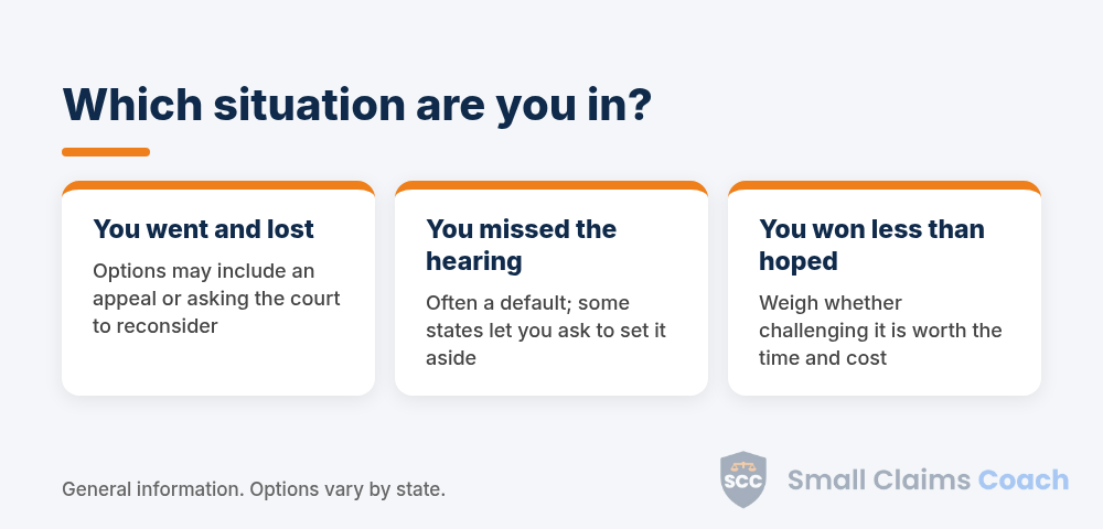 Three situations after a small claims loss: you lost at the hearing, you missed the hearing, or you won less than hoped
