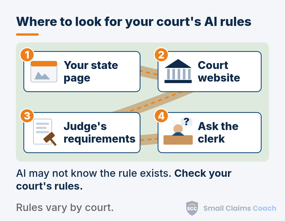 Winding trail across a green map linking four numbered signposts: a web page, a courthouse, a document with a gavel, and a clerk at a counter with a question bubble.