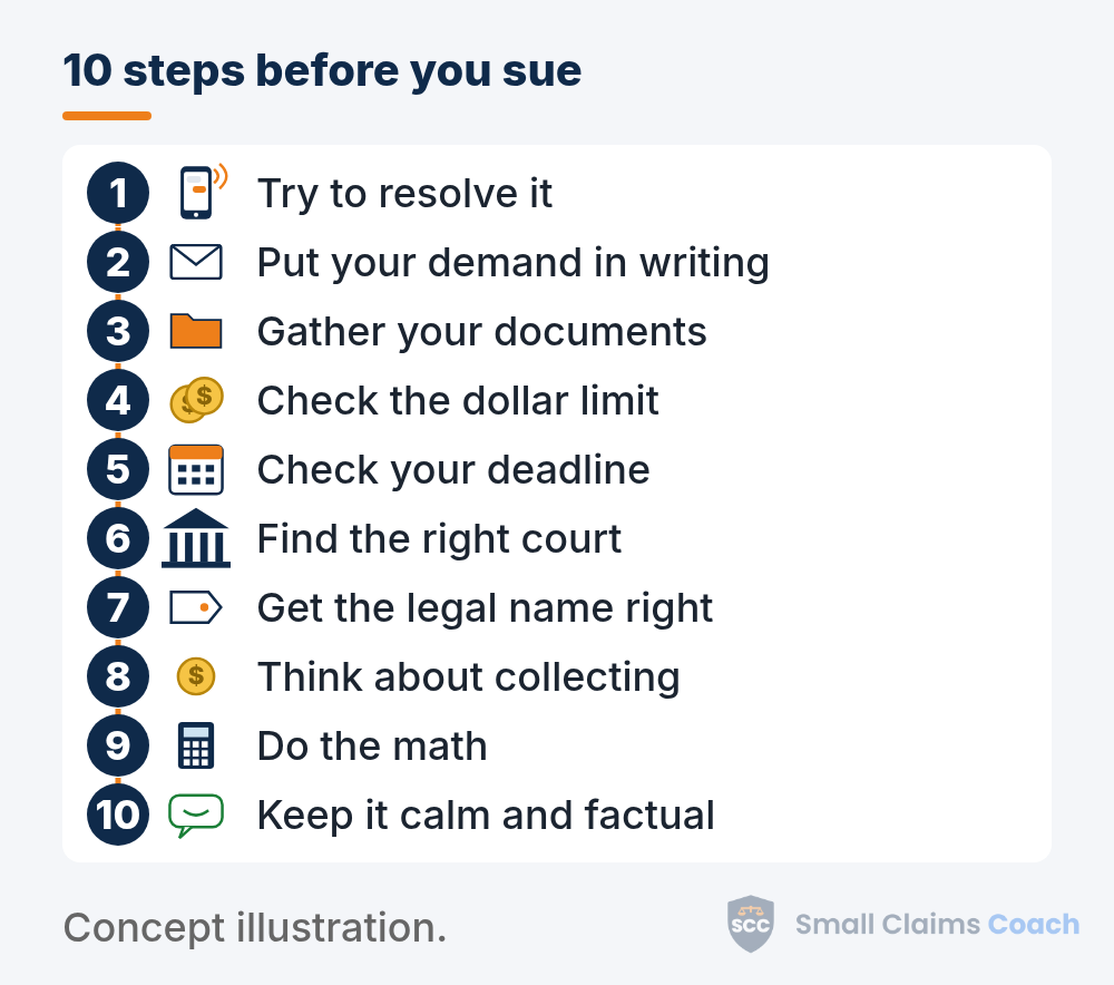 Dotted path of ten numbered icons, from a phone call and a letter to a folder, coins, a calendar, a courthouse, a name tag, a coin, a calculator and a calm speech bubble