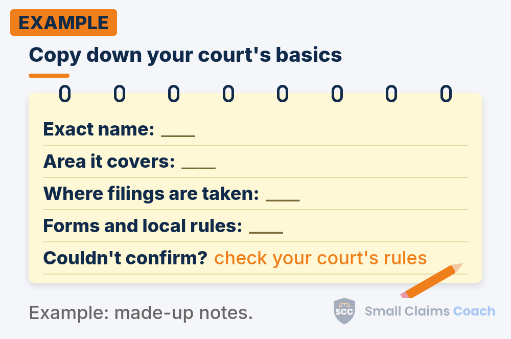 Spiral notepad marked EXAMPLE with blanks for exact name, area covered, filing place and forms and rules, and an orange check your court's rules line, with a pencil