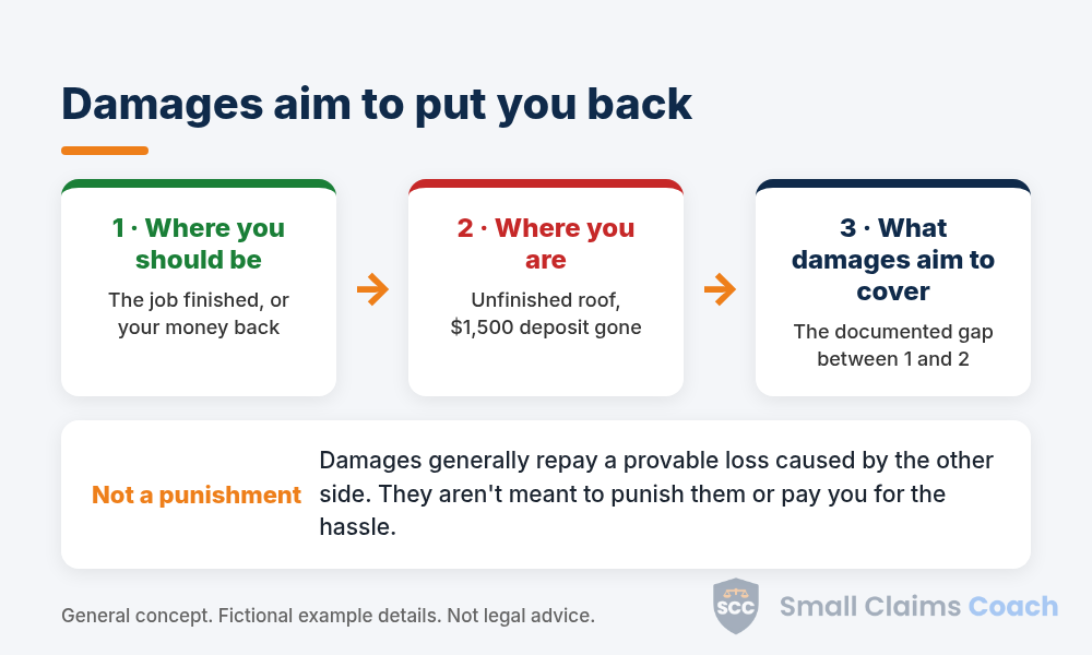What damages can I sue for in small claims: damages aim to put you back where you would have been, covering the documented gap, not a punishment