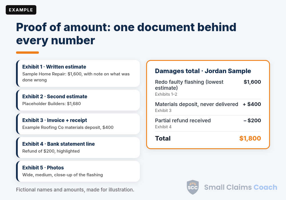 Example proof of damages packet for small claims with two written estimates, invoice, bank statement, photos and a damages total sheet for Jordan Sample