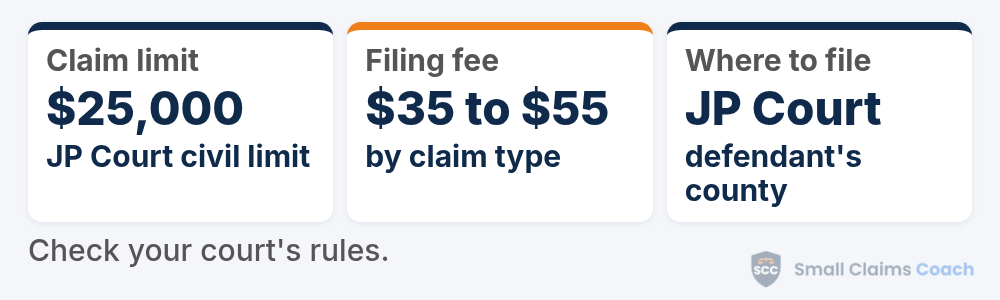 Delaware small claims summary card: the Justice of the Peace Court hears civil claims up to $25,000, filing fees of $35 to $55 depending on claim type, and filing in the county where the defendant lives to get costs back.