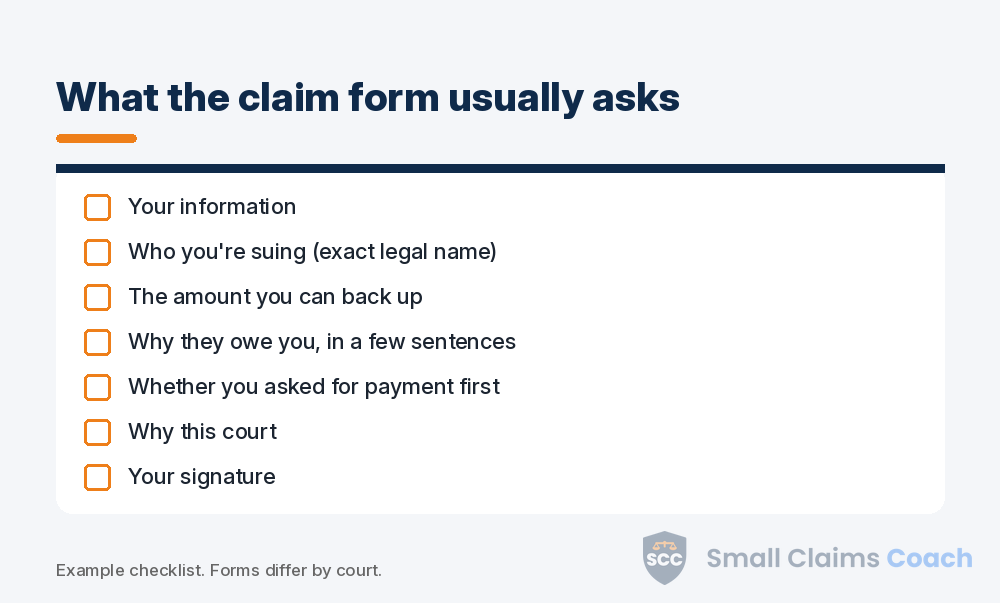 Checklist of the sections most small claims claim forms ask you to complete