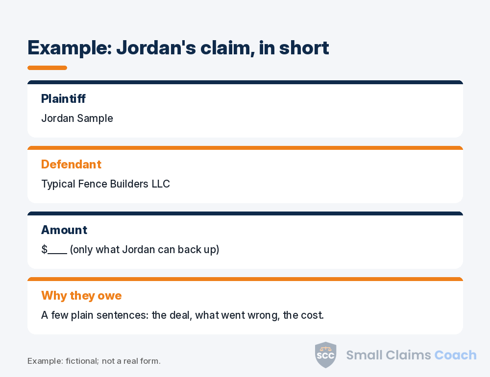 Mock summary of a fictional small claims form with plaintiff, defendant, amount and reason