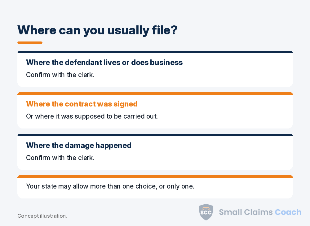Three common places a small claims case can be filed, based on venue rules
