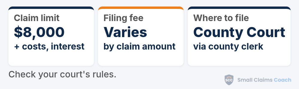 Florida small claims summary card: an $8,000 cap, a filing fee that varies by claim amount, and filing in County Court through the county clerk.