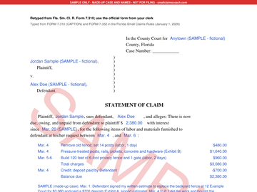 Florida small claims form, filled-in sample (thumbnail)