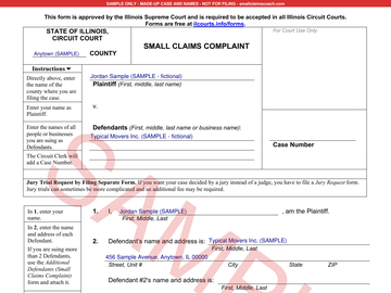 Illinois small claims form, filled-in sample (thumbnail)