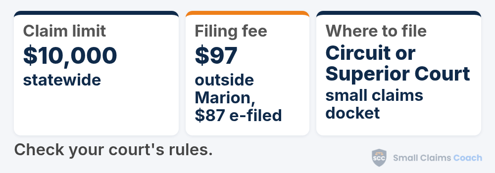 Indiana small claims at a glance: claims up to $10,000 on the small claims docket of a Circuit or Superior Court, with a $97 filing fee outside Marion County, or $87 if e-filed.
