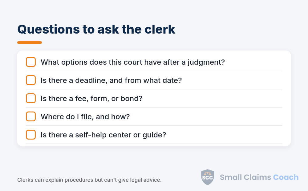 Checklist of questions to ask the court clerk after losing a small claims case