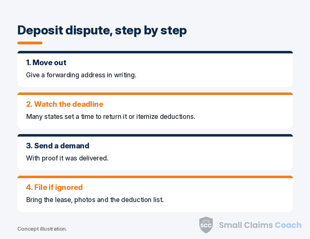 Steps in a security deposit dispute from move-out to filing in small claims