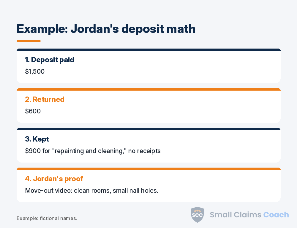 Made-up example of a security deposit dispute showing the amount paid, returned and kept