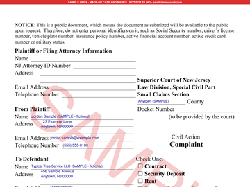 New Jersey small claims form, filled-in sample (thumbnail)
