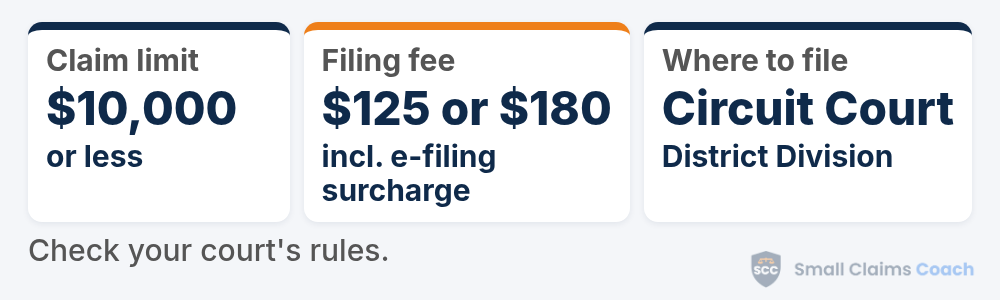 New Hampshire small claims summary card: claims of $10,000 or less, filing fees of $125 or $180 including the e-filing surcharge, and e-filing in the District Division of the Circuit Court.