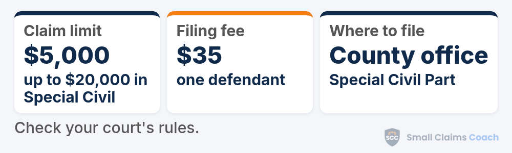 New Jersey small claims summary card: a $5,000 Small Claims limit ($20,000 in regular Special Civil Part), a $35 fee for one defendant, and filing at a county Special Civil Part office.
