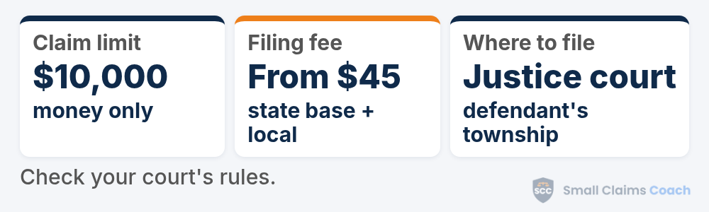 Nevada small claims summary card: money claims of $10,000 or less, filing fees from a $45 state base depending on claim size plus local fees, and filing in the justice court township where the defendant lives, works or does business.