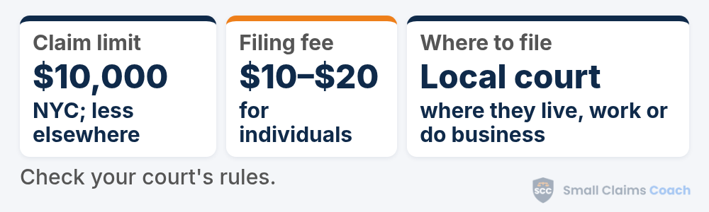 New York small claims summary card: up to $10,000 in NYC Civil Court ($5,000 in District and City Courts, $3,000 in Town and Village Courts), fees of $10 to $20, and filing in the local court where the defendant lives, works or does business (rules vary by court).