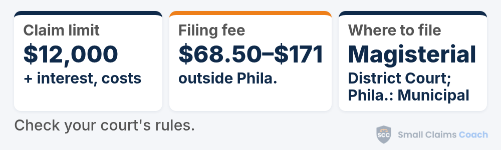 Pennsylvania small claims summary card: a $12,000 cap, costs of $68.50 to $171 outside Philadelphia, and filing at a Magisterial District Court or, in Philadelphia, at Philadelphia Municipal Court.