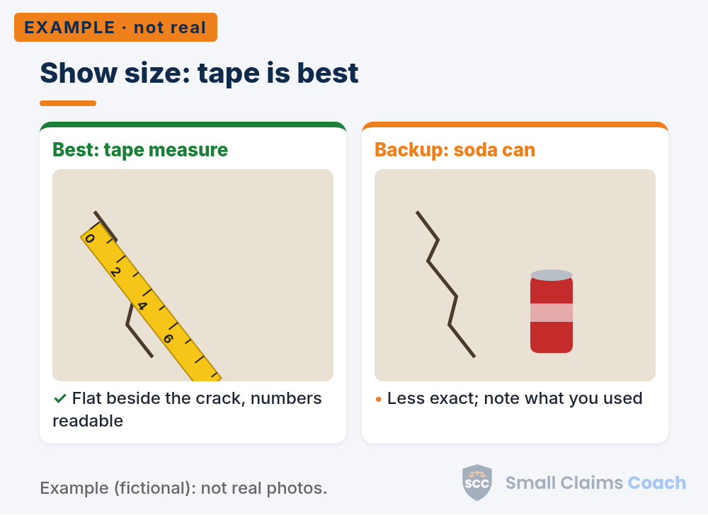 Crack in a wall shown once with a tape measure beside it and once with a soda can for scale