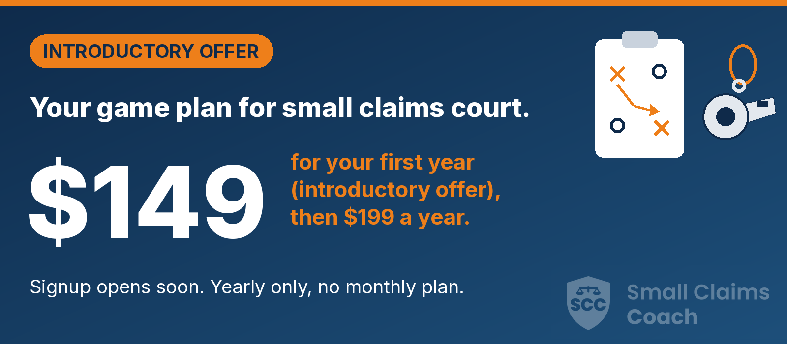 Navy coach-style price card with a whistle and play clipboard: $149 for your first year (introductory offer), then $199 a year, billed yearly only.