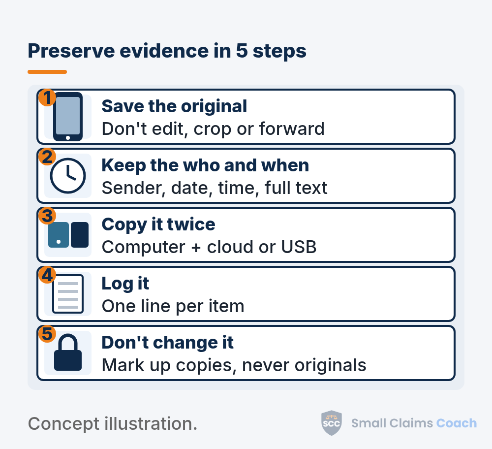 Five-step flow for preserving evidence for small claims court, from saving the original to never editing it