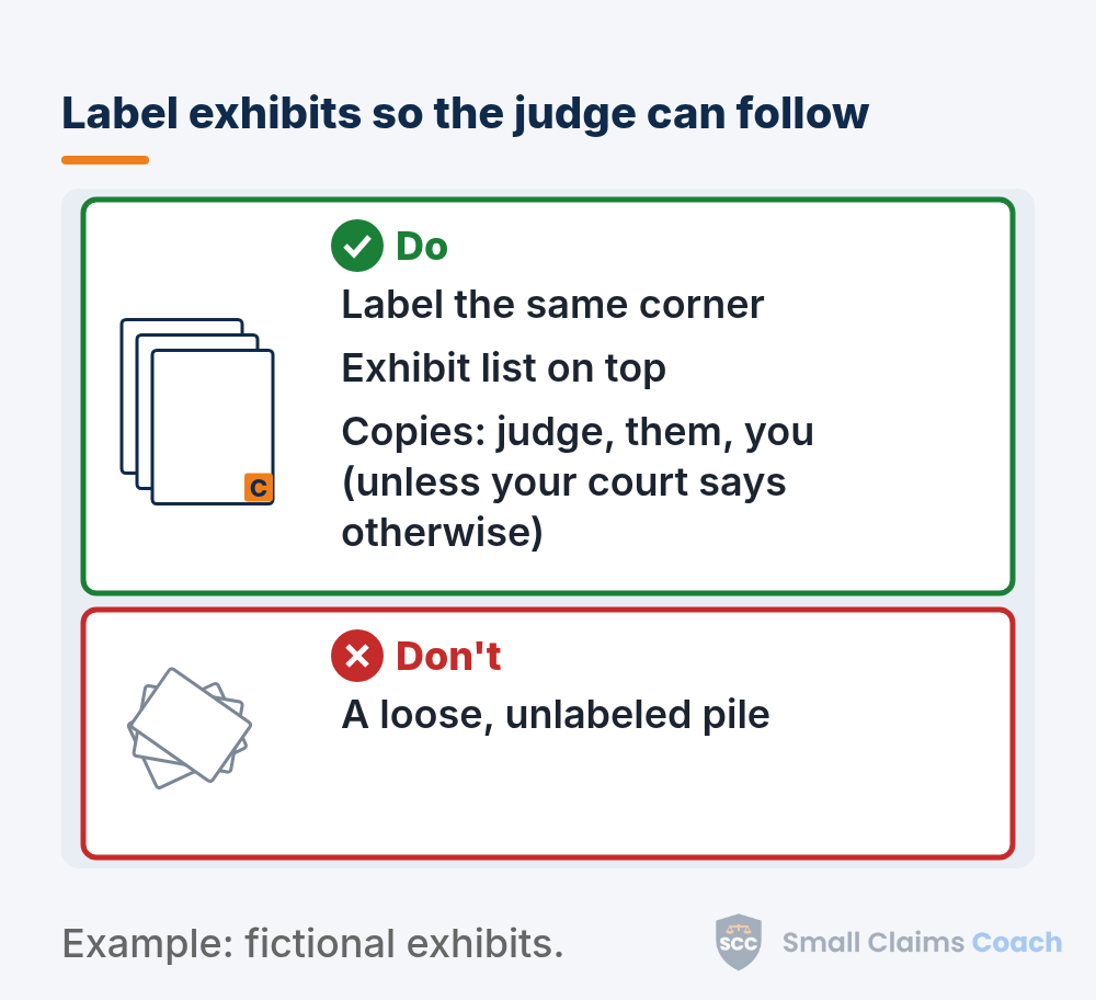 Do and don't comparison of small claims exhibits, one set neatly labeled with an exhibit list and one messy unlabeled stack
