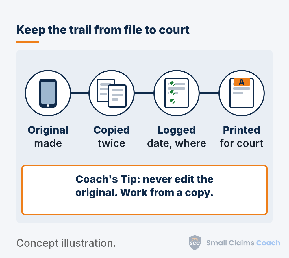 Timeline showing a file being created, backed up, logged and printed as a court exhibit